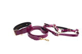 Purple patent leather dog collar, leash, and harness set with silver classic hardware