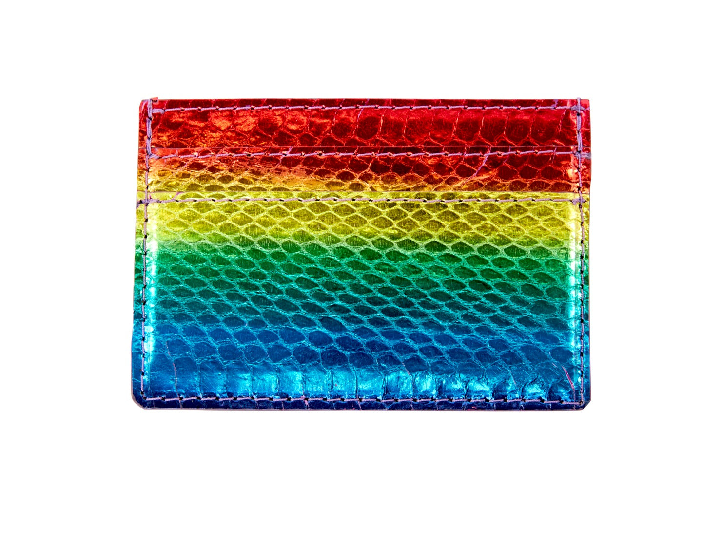 Rainbow Snake Card Wallet showing its double sided rainbow snake pattern by Allysa Payne Beverly Hills