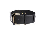 Black wide leather collar featuring a rectangular gold buckle with embedded crystals and matching gold hardware details on a white background.