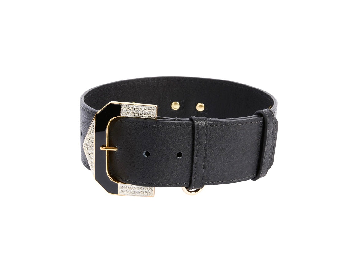 Black wide leather collar featuring a rectangular gold buckle with embedded crystals and matching gold hardware details on a white background.