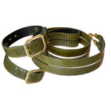 Olive green snakeskin textured pet collar and matching leash set with gold-tone square buckles and black leather lining on collar.