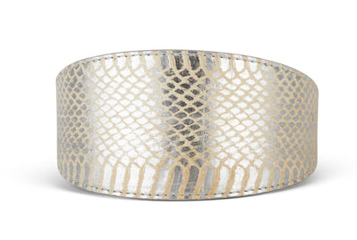 Glamorous Silver Snake 3” Wide Style Collar displayed on a dark surface with silver hardware visible.