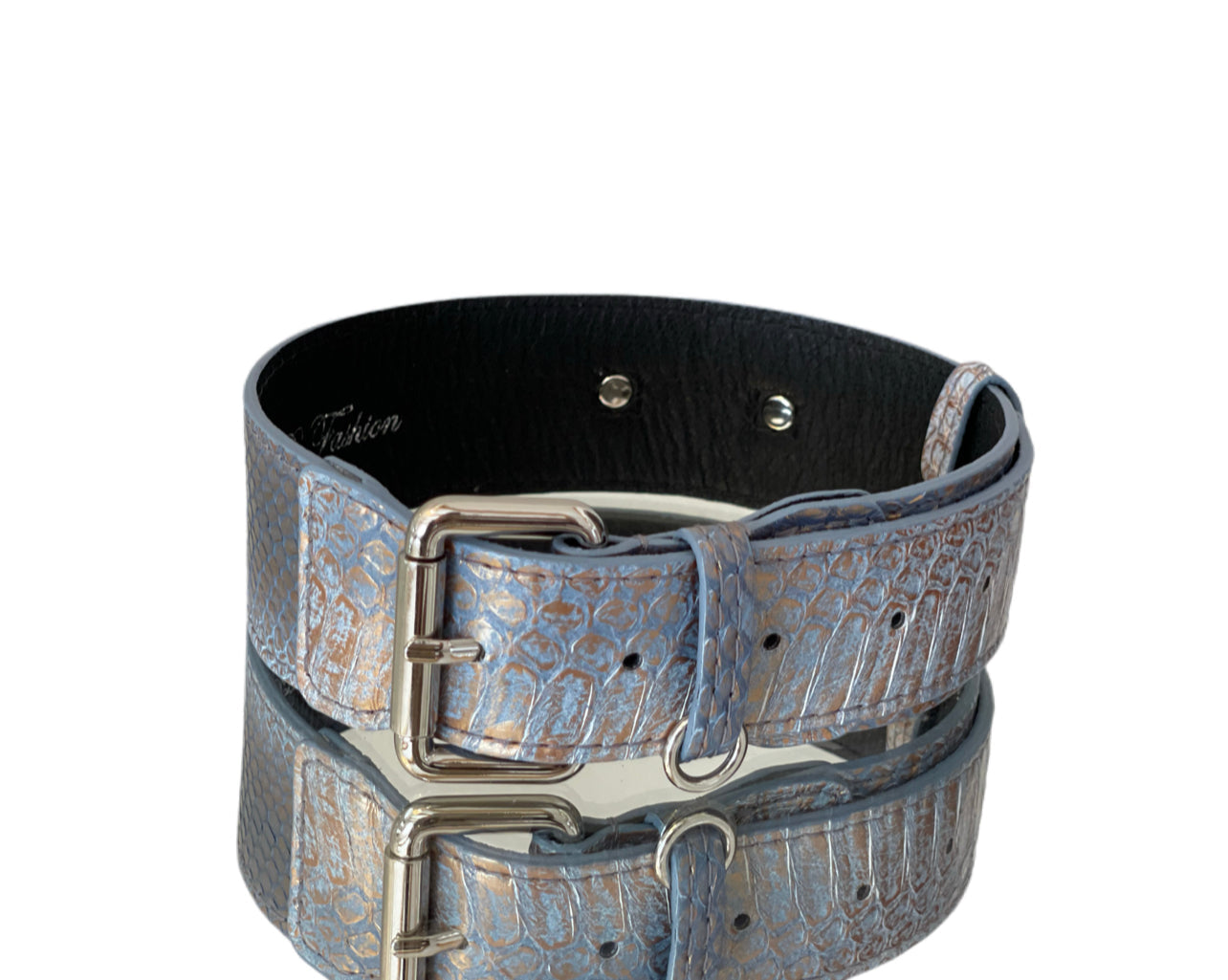 Luxury Pet Fashion Baby Blue/Blue/Bronze Classic Snake Collar with silver hardware and Italian leather lining displayed on neutral background