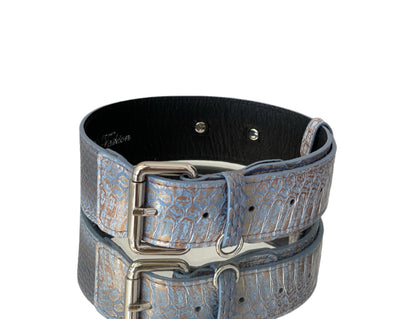 Luxury Pet Fashion Baby Blue/Blue/Bronze Classic Snake Collar with silver hardware and Italian leather lining displayed on neutral background