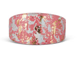 Wide 3-inch curved collar featuring an iridescent art deco pattern in pink, gold, and silver flakes with a glossy finish.