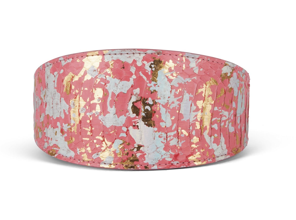 Wide 3-inch curved collar featuring an iridescent art deco pattern in pink, gold, and silver flakes with a glossy finish.
