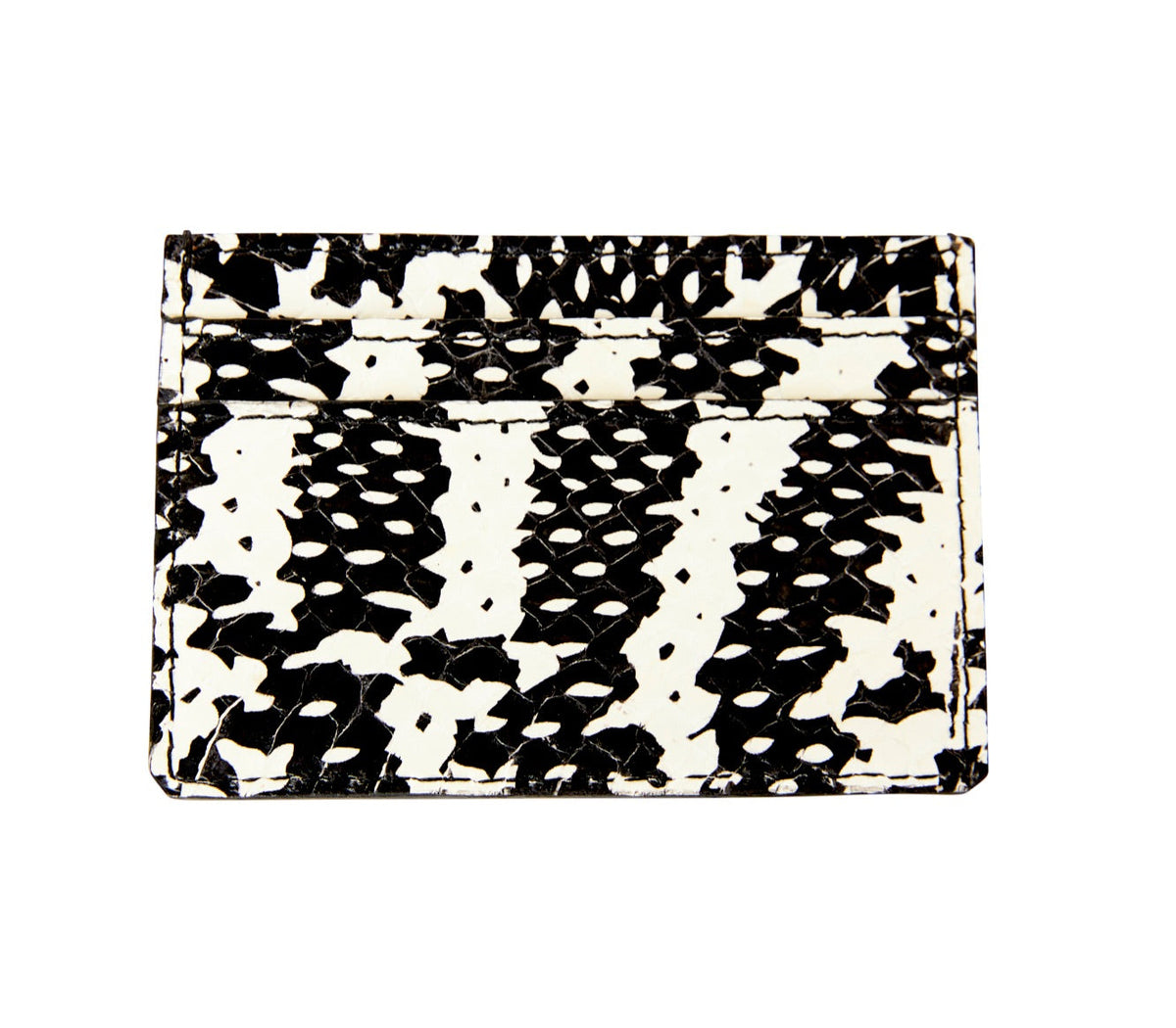 Rectangular black and white card wallet with snake skin pattern and horizontal card slots on textured surface.