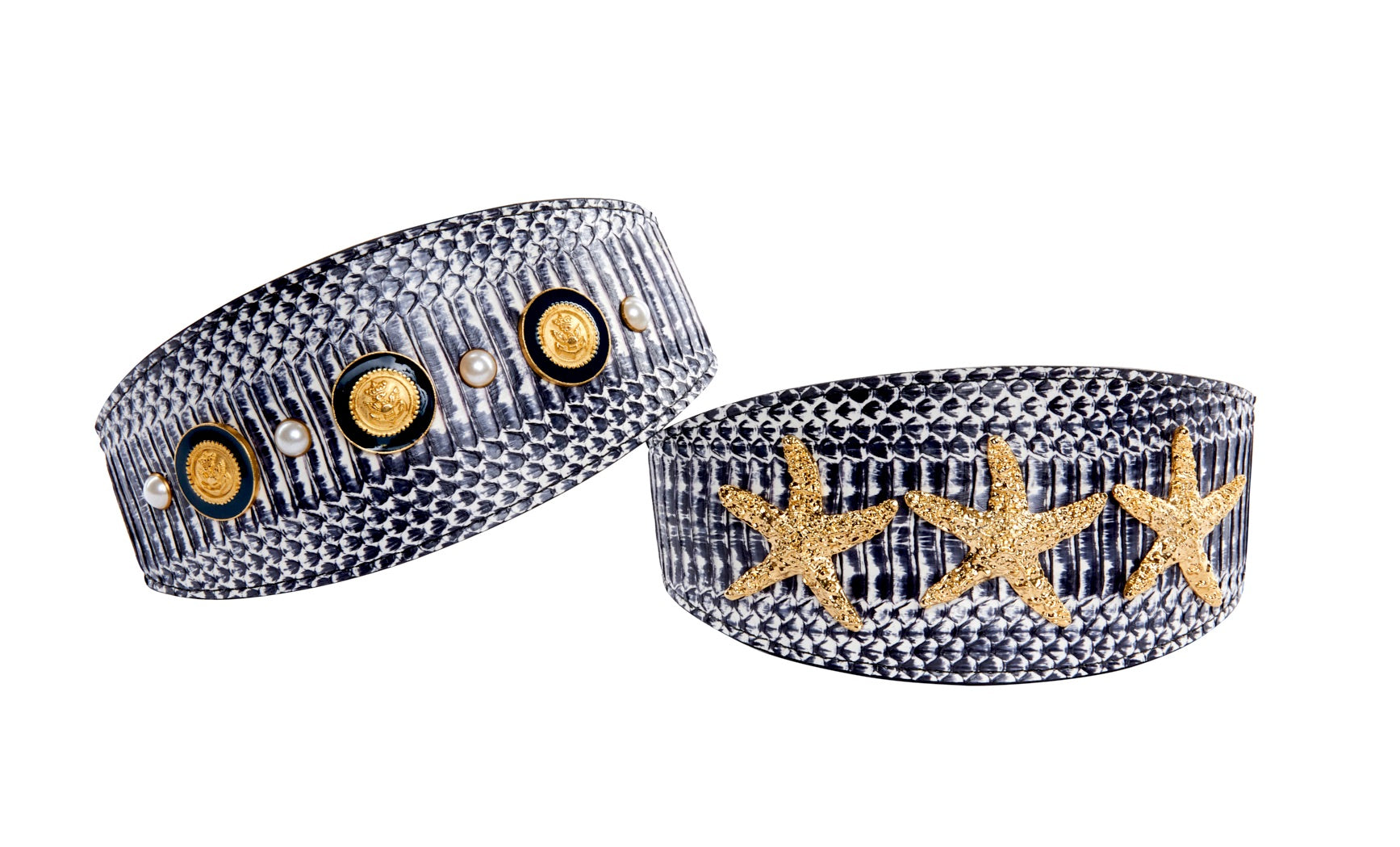 Two white and navy snake pattern pet collars with gold rivets, pearls, and a gold starfish detail