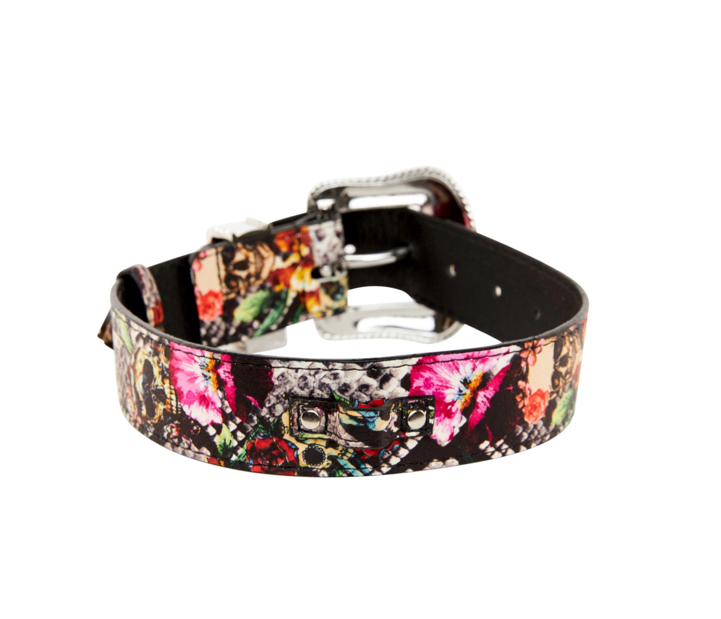 Floral, Scull, Snake Print Italian Leather Collar With Swarovski