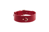 Red vegan leather collar featuring a small centered D-ring on the front and adjustable buckle strap, displayed against a white background.