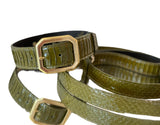Olive green snakeskin textured pet collar and leash set with gold rectangular buckles against a white background.