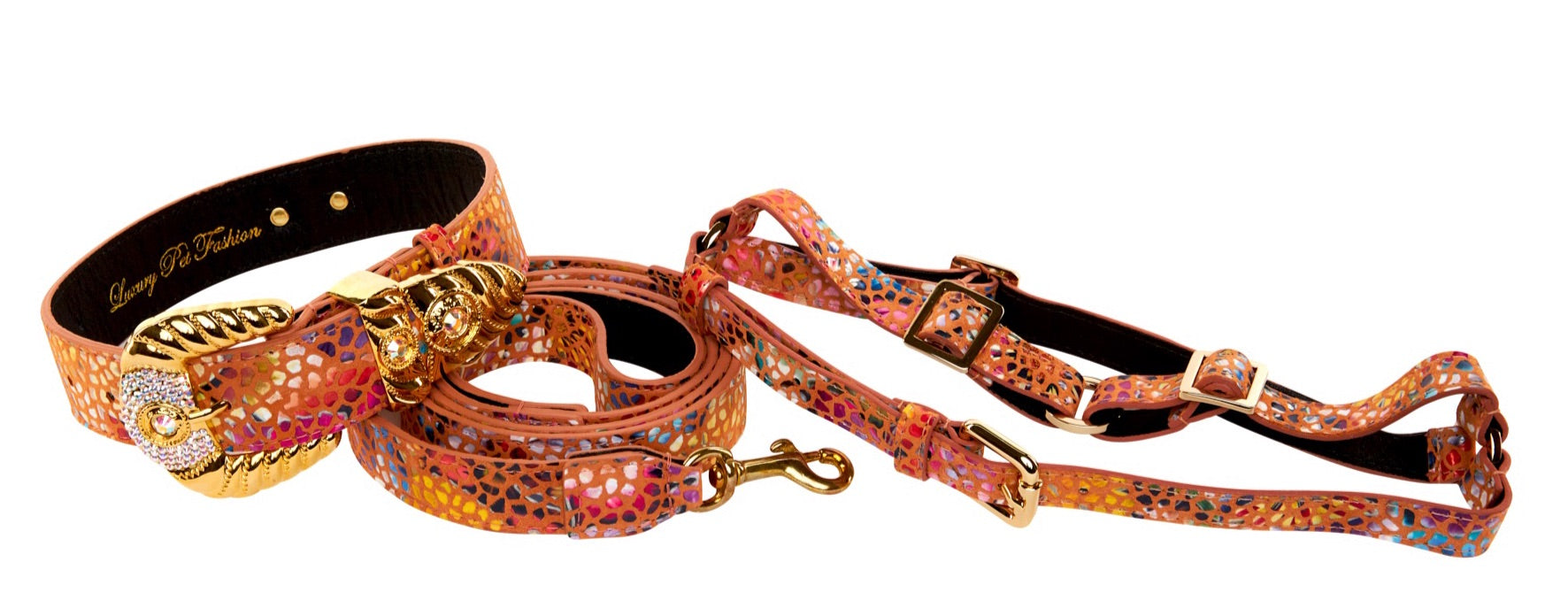 Orange Floral Mosaic Italian Leather Ornate Swarovski Crystal Hardware Collar, Leash, Harness Set