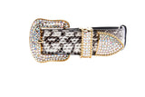 Black and white snake-patterned collar featuring a gold buckle and hardware encrusted with iridescent Swarovski crystals.