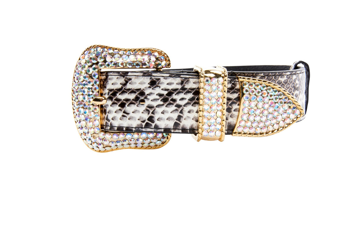 Black and white snake-patterned collar featuring a gold buckle and hardware encrusted with iridescent Swarovski crystals.