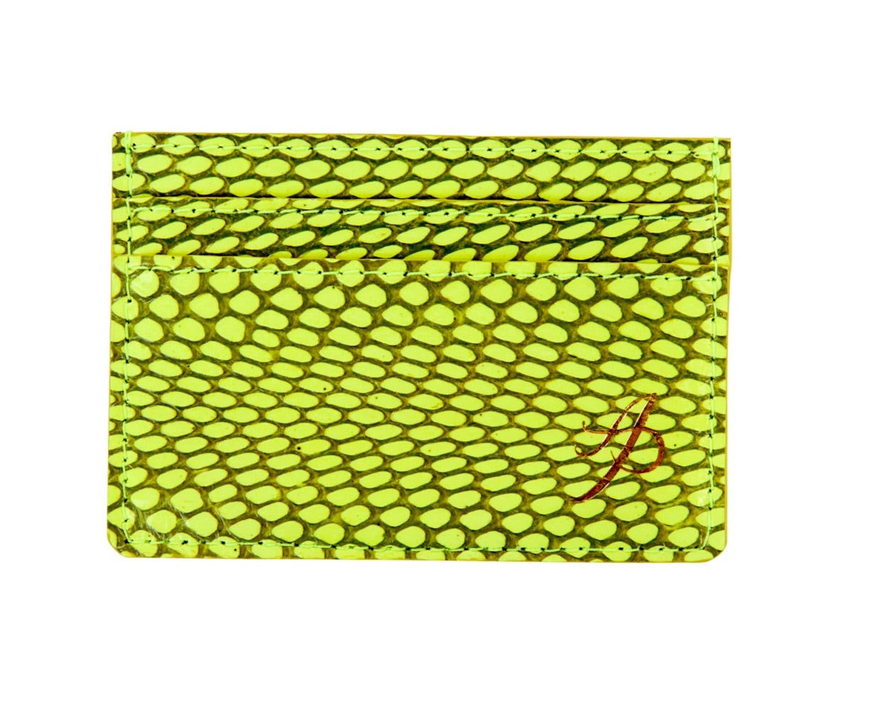 Neon Green Viper Snake Card Wallet from Allysa Payne Beverly Hills displayed on a white surface