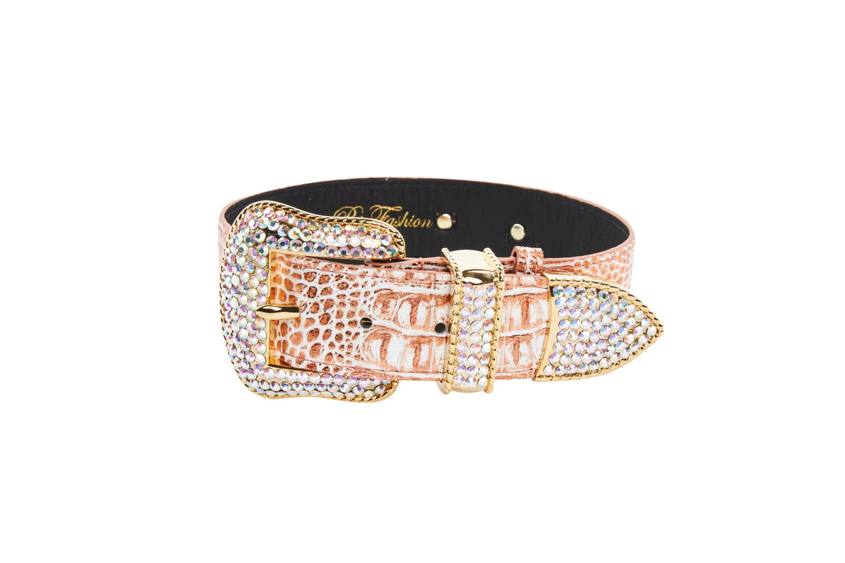 Copper embossed crocodile Italian leather collar with a gold buckle and encrusted Swarovski crystals on the buckle and strap loop, shown against a white background.