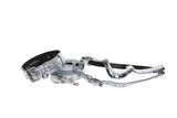 Silver studded classic collar, leash, and harness set made of Italian leather with polished silver hardware and adjustable buckle closures, displayed on white background.