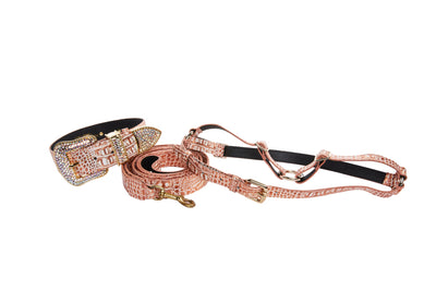 Copper embossed croc Italian leather collar, leash, and harness set with Swarovski crystal accents laid on a textured surface