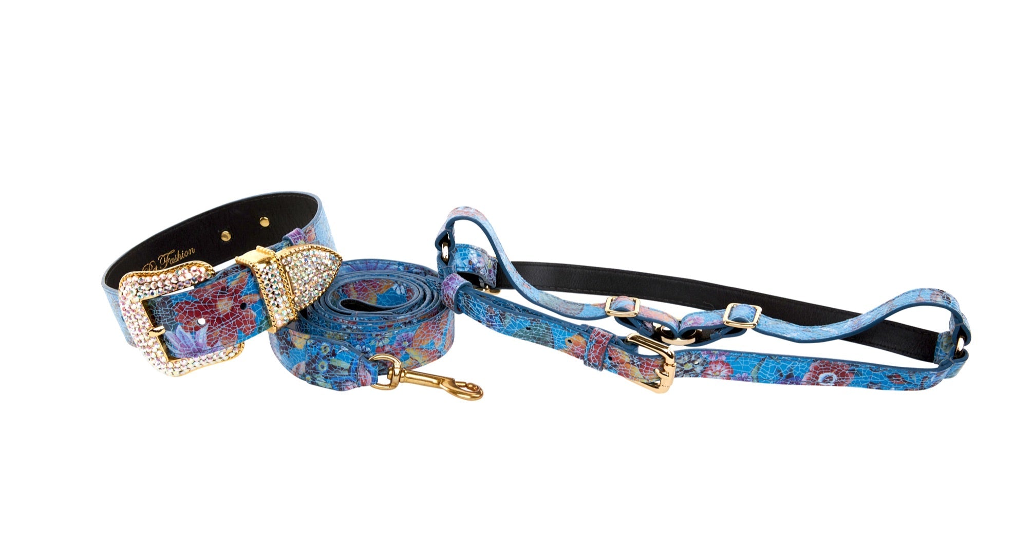 Blue floral mosaic patterned Italian leather dog collar, leash, and harness set with Swarovski crystals