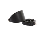 Black 3-inch wide vegan leather dog collar with silver D-ring paired with matching black leash featuring a silver clip, displayed on white background.
