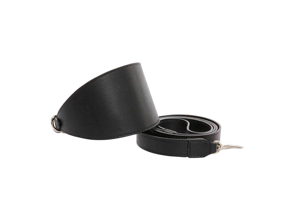 Black 3-inch wide vegan leather dog collar with silver D-ring paired with matching black leash featuring a silver clip, displayed on white background.