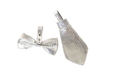 Silver-colored snake scale textured bow tie and necktie set with matching attachment loops on plain white background.