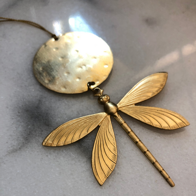 Winds of Change Dragonfly Ornament in hammered brass with hanging twine