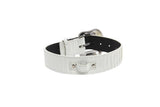 Matte white collar with subtle snake texture and silver buckle hardware adorned with small Swarovski crystals, displayed coiled on a white background.