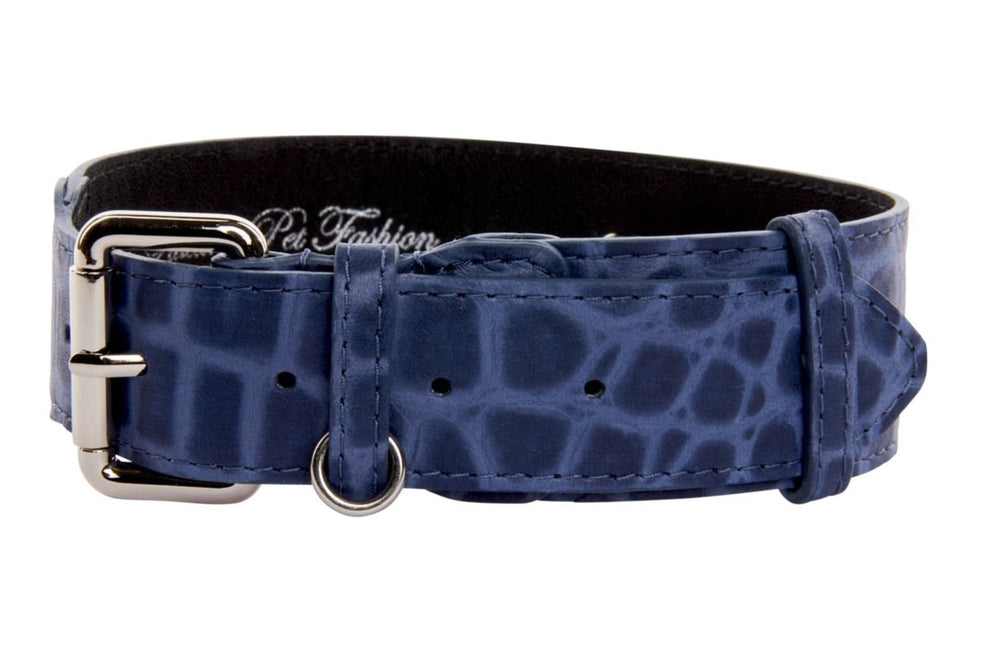 Blue embossed crocodile-patterned Italian leather collar with silver metal buckle and D-ring, shown flat against a white background.