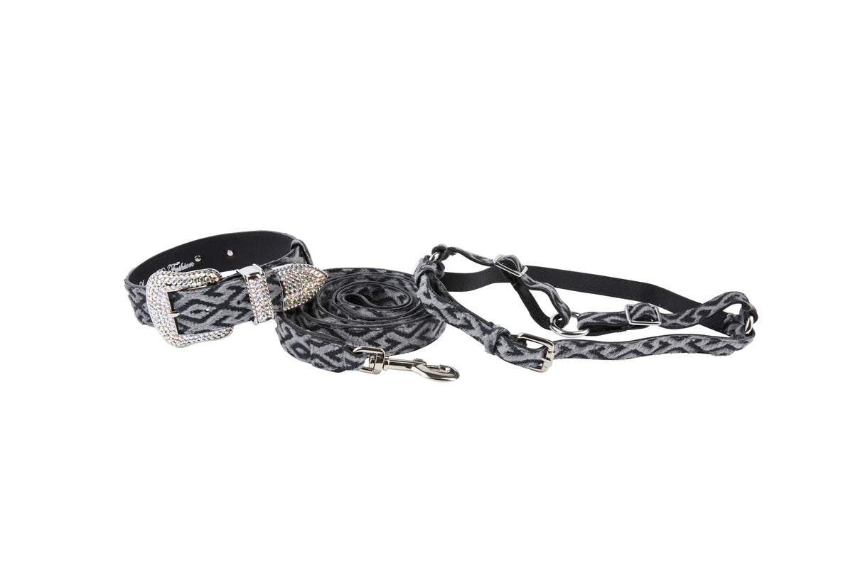Black and white patterned dog collar and matching leash set with silver buckle adorned with clear rhinestones, displayed on a white background.