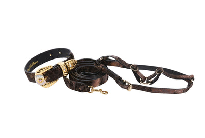 Brown lace leather pet collar, leash, and harness set with Swarovski crystal Italian hardware