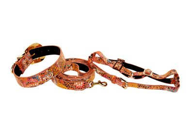 Orange Floral Mosaic Italian Leather Ornate Swarovski Crystal Hardware Collar, Leash, Harness Set