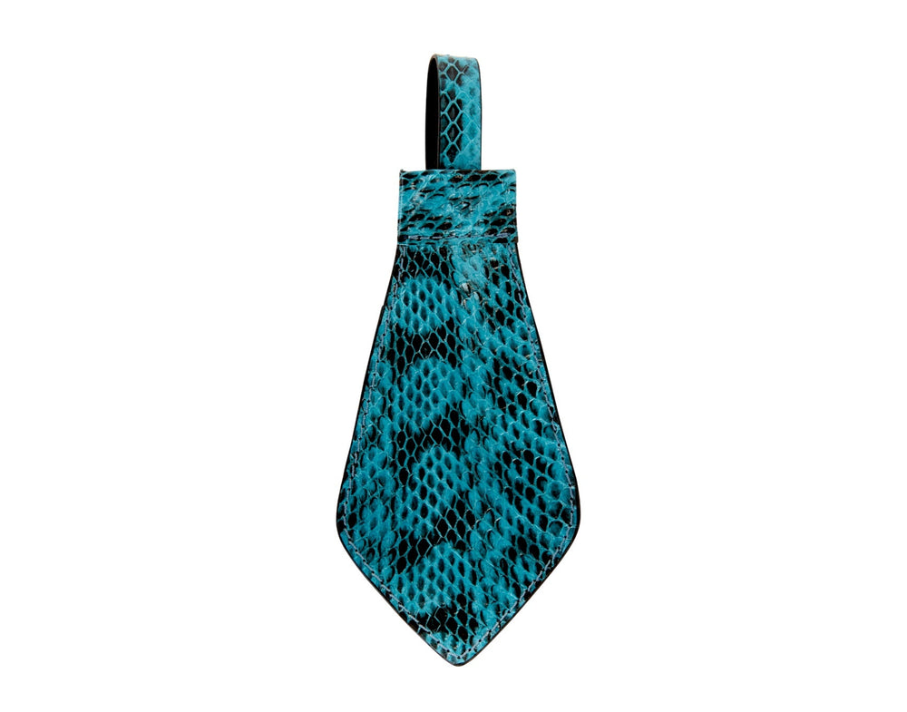 Turquoise and black snake-patterned necktie with a wide bottom and loop at the top for hanging or attaching.