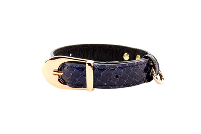 XS Blue Snake Collar displaying blue snake texture with gold vintage-inspired hardware laid flat