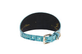 Turquoise embossed croc pattern Italian leather collar with a silver buckle and a 3-inch width shown against a white background.