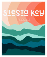 Abstract art print titled Destination: Siesta Key featuring blocks of color in warm and cool tones