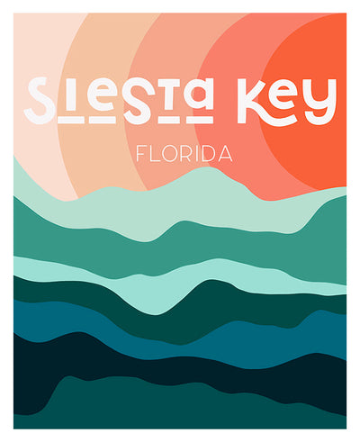 Abstract art print titled Destination: Siesta Key featuring blocks of color in warm and cool tones