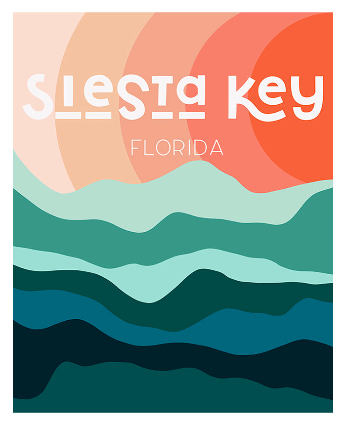 Abstract art print titled Destination: Siesta Key featuring blocks of color in warm and cool tones