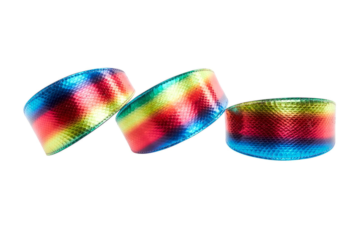 Set of three 3-inch wide rainbow snake-patterned collar bands with a glossy texture, arranged side by side on a white background.