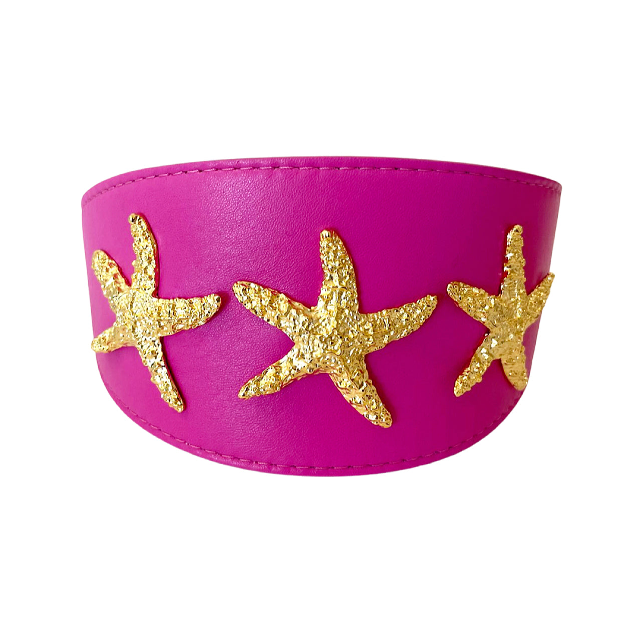 Fuchsia Pink Italian Leather Collar with three starfish rivets shown close-up