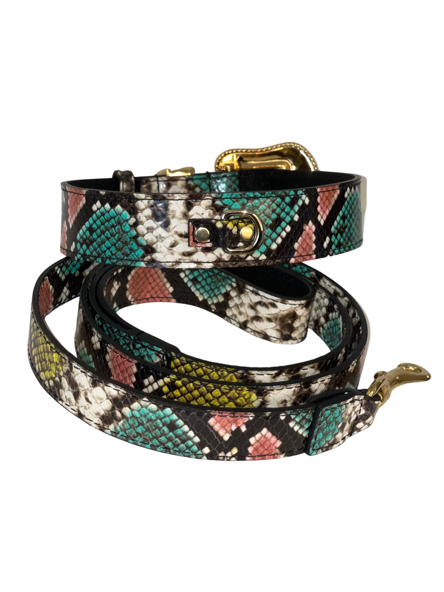 Multi-Color Embossed Snake Italian Leather Collar & Leash Set with Swarovski Crystal Hardware