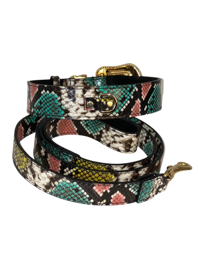 Multi-Color Embossed Snake Italian Leather Collar & Leash Set with Swarovski Crystal Hardware