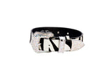 Black and white zebra-print hair-on-hide leather belt featuring a buckle and loop encrusted with sparkling Swarovski crystals.