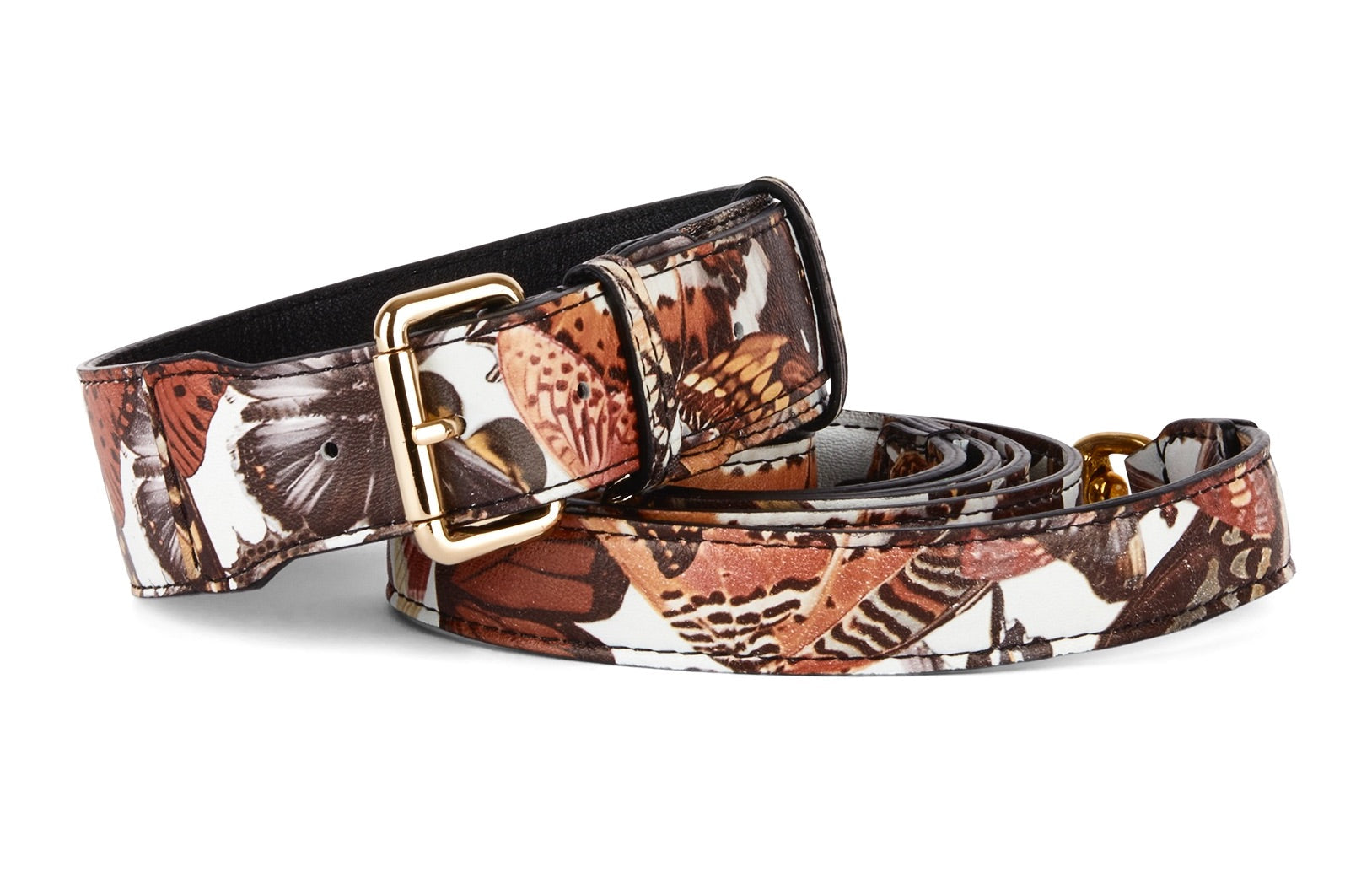 Butterfly Print Italian Leather Classic Collar & Leash Set laid flat showing butterfly pattern and clasp
