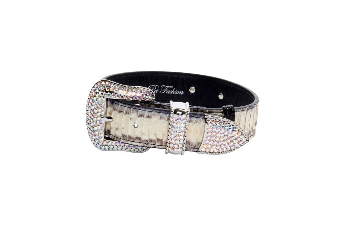 Off-white, grey, and black snake pattern belt with a silver buckle and strap tip encrusted in small Swarovski crystals, shown against a white background.