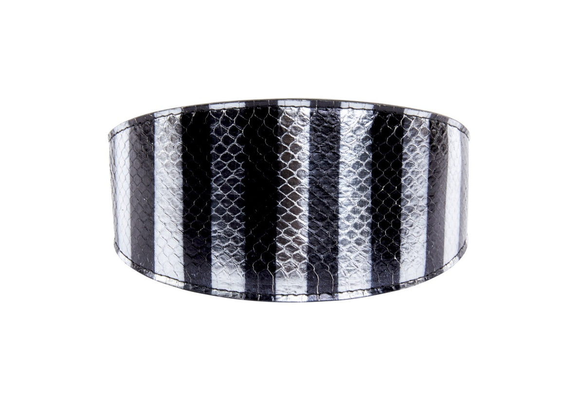 Wide 3-inch collar with alternating black and silver stripes featuring a subtle snake scale texture