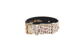 White collar with bronze crocodile embossing and gold-tone buckle, featuring a rectangular ring, shown on a white background.