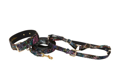 Floral/Lace Embossed Italian Leather Classic Collar, Leash, and Harness set laid out on white background