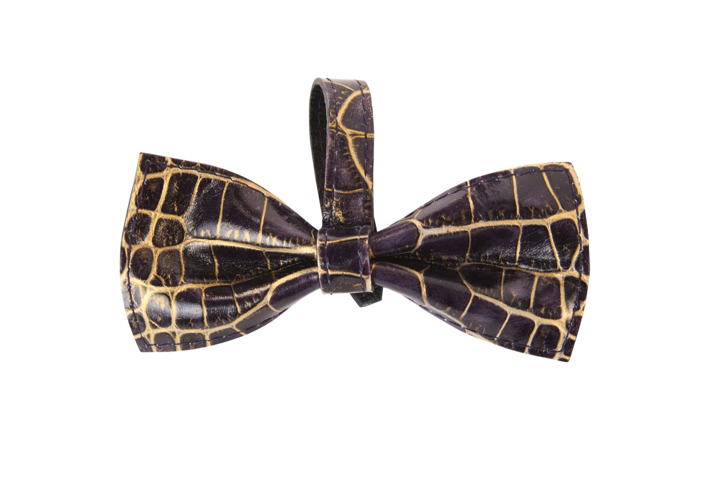 Dark purple and gold embossed croc leather bow tie displayed with a matching collar