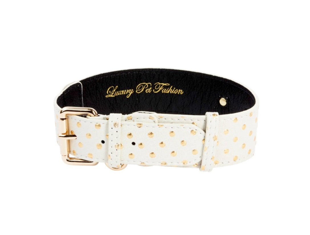 White Italian leather pet collar with gold polka dots and gold buckle, displaying 'Luxury Pet Fashion' embossed inside in gold lettering.